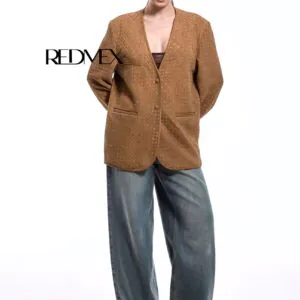 Жакет из плетеной замши "Песок" с карманами и V-вырезом 65 см